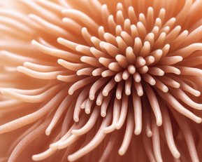 Detailaufnahme einer blassrosa, blühenden Struktur mit vielen langen, dünnen Tentakeln, die strahlenförmig angeordnet sind.