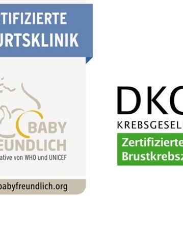 Zertifizierte Geburtshilfe und Brustkrebszentrum Logos, einschließlich "Babyfreundlich" und "DKG Krebsgesellschaft", mit Hinweisen auf Initiativen von WHO und UNICEF sowie Informationen zur Zertifizierung.